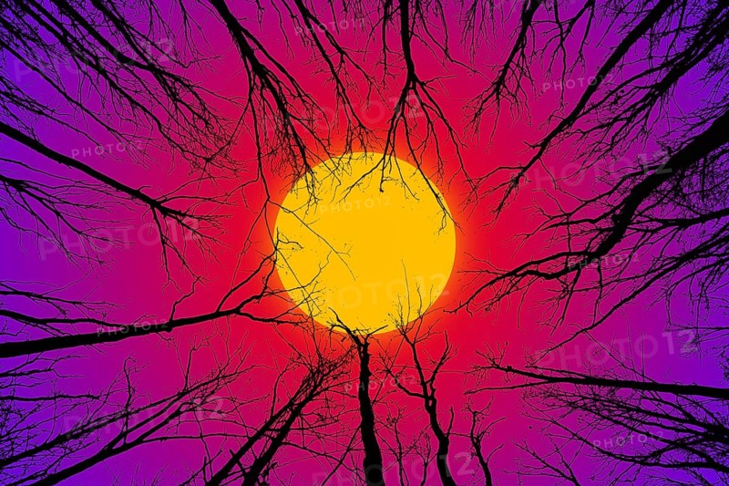 Silhouettes of branches in the forest against the background of a bright sun or moon with a bright red and blue sky. The concept of Halloween or other spooky holidays