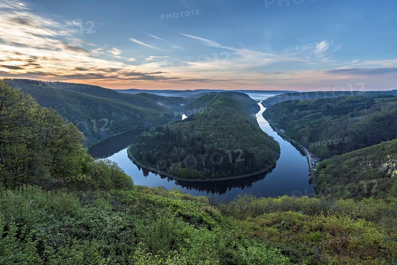 Twilight over the Saarschleife in Mettlach in spring, Germany