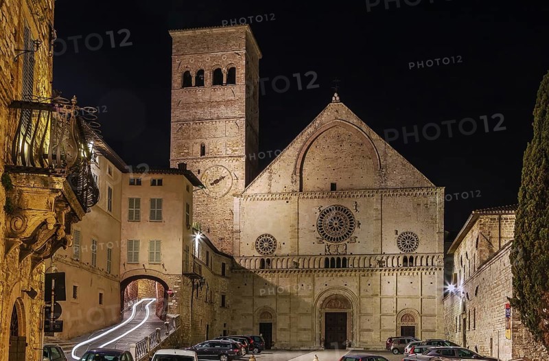 Evening. Assisi Cathedral dedicated to San Rufino is a major church in Assisi, Italy, that has been important in the history of the Franciscan order