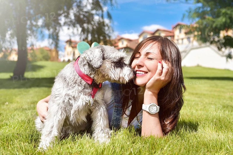 Pretty adult caucasian happy woman resting in the park on a sunny day with her beloved dog. Female lay on the grass smiling and looking at the camera