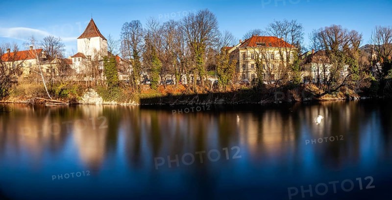 Freimannsturm, medieval town tower on the river Mur, long exposure, panoramic shot, Leoben, Styria, Austria