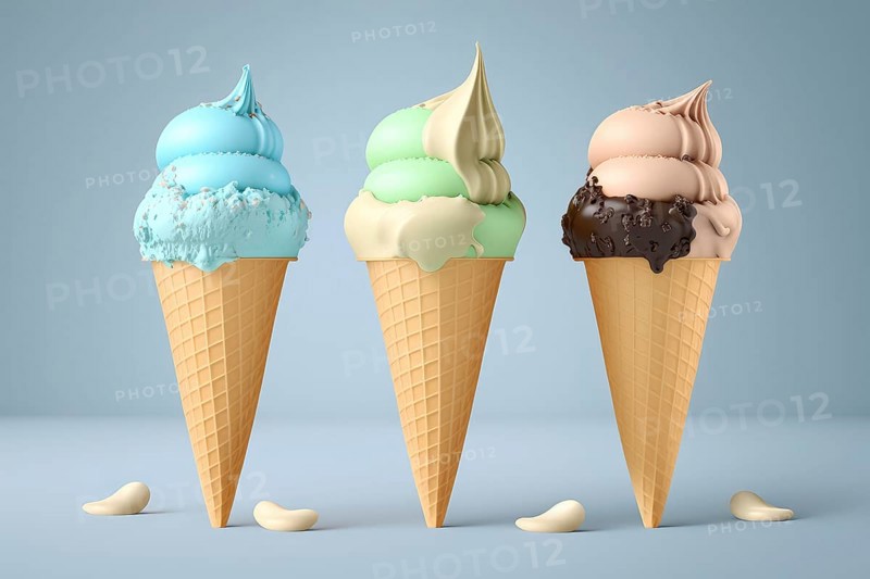 Illustration 3d render of melting summer ice cream in a cone on a pastel background, multicolored ice cream, delicious, mouthwatering, illustration