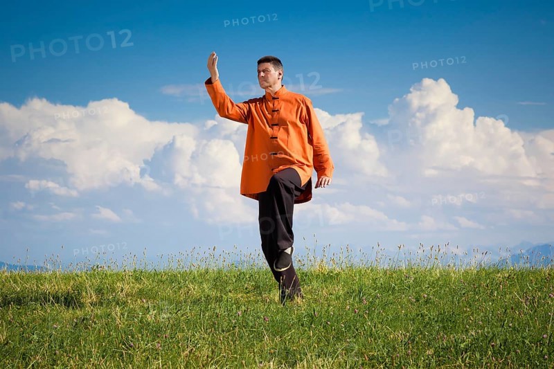 A man doing Qi-Gong in the green nature
