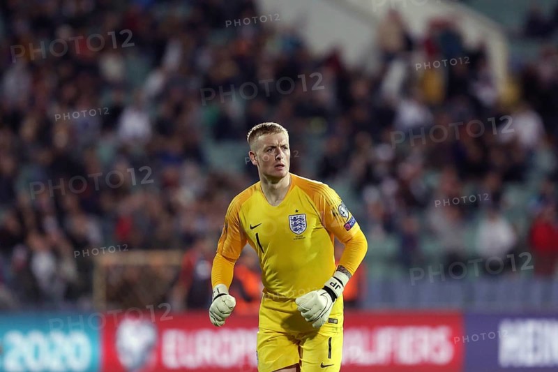 Sofia, Bulgaria - 14 October 2019: Goalkeeper Jordan Pickford is seen in action against Bulgarian football player during Bulgaria vs England match part of 2020 European Qualifier