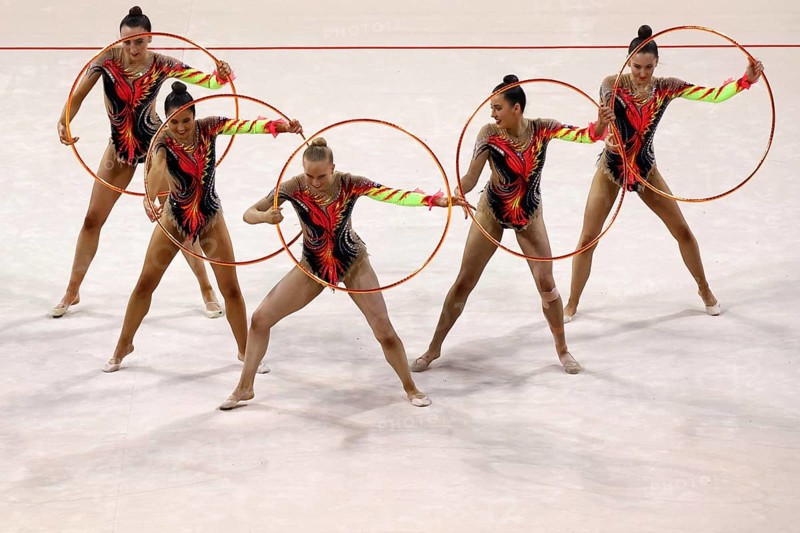 Sofia, Bulgaria - 16 September, 2022: Members of team Australia in action with 5 hoops during the 39th FIG Rhythmic Gymnastics World Championships