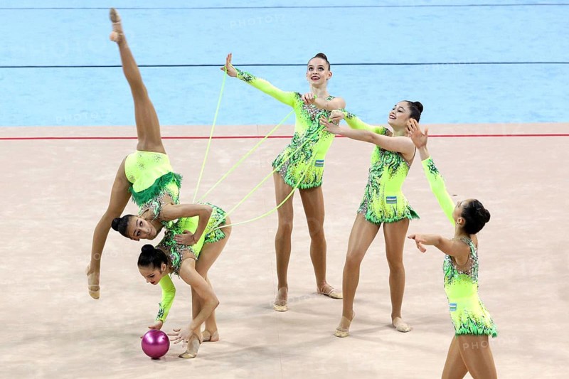 Sofia, Bulgaria - 6 May, 2017: Team Uzbekistan performs during Rhythmic Gymnastics World Cup Sofia 2017. Group tournament
