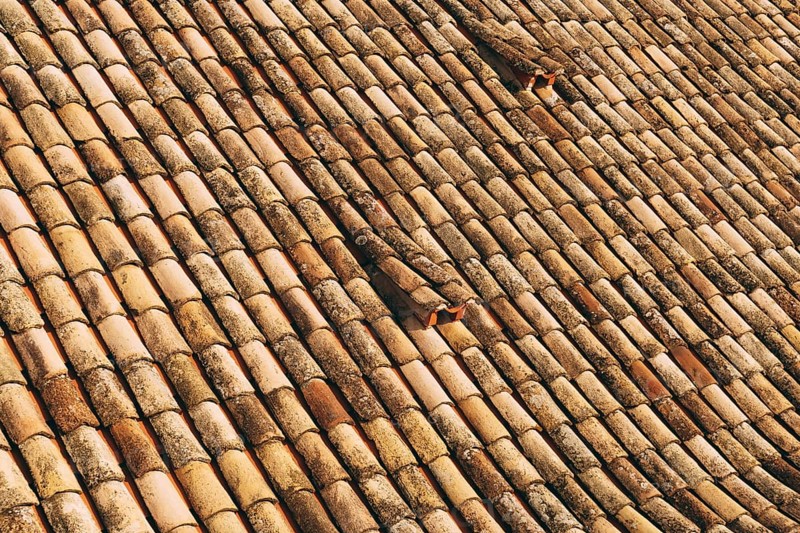 The texture of the old brown shingles on the roof of the building.