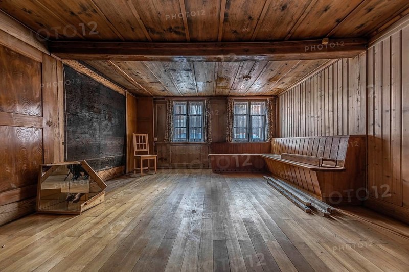 The living room with wooden corner bench in a house built around 1750 that has since been demolished. Menznau, Lucerne, Switzerland