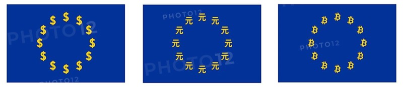 Flag of European Union, stars replaced with dollar, renminbi or yuan, bitcoin sign. Eurozone trade to United States, China and cryptocurrency trading concept