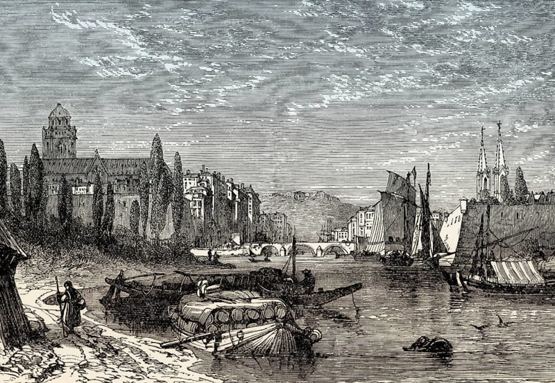 Historical view of Bayonne, early 19th century, department of Pyrénées-Atlantiques, Nouvelle-Aquitaine region of southwestern France, From British Battles on Land and Sea, by James Grant