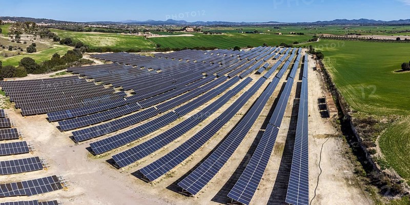 Photovoltaic plant between crop fields, Villafranca de Bonany, Majorca, Balearic Islands, Spain