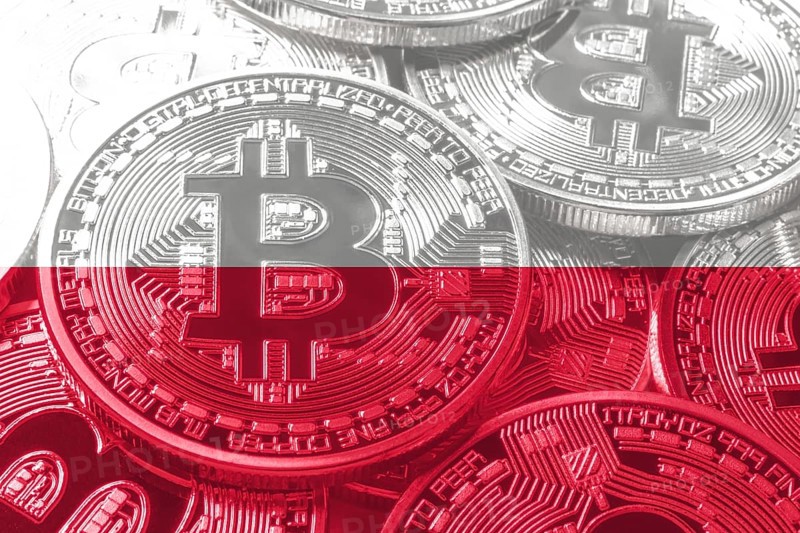 Poland bitcoin flag, national flag cryptocurrency concept black background