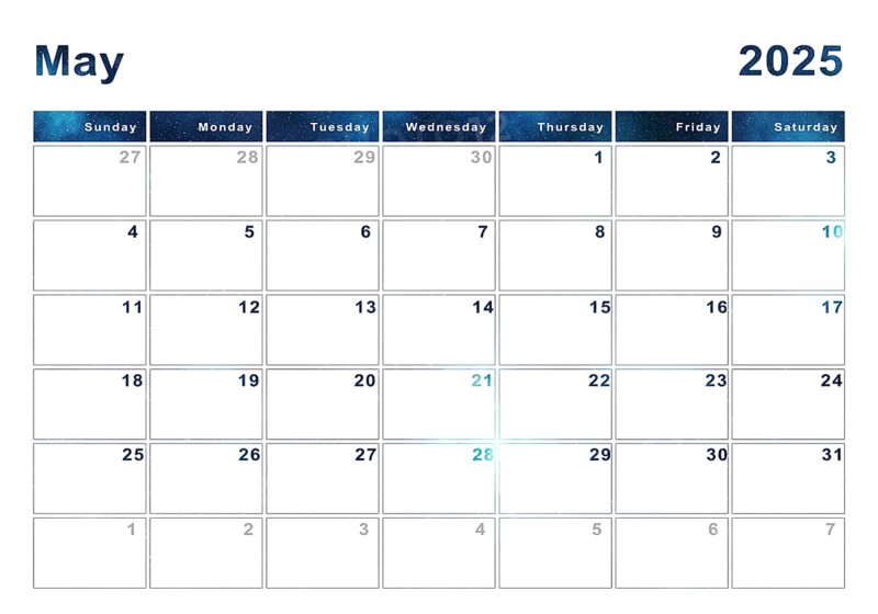 May 2025 calendar, week start Sunday, modern design