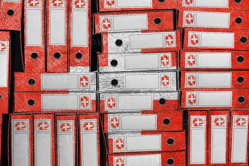 Switzerland Flag Colors Folder Stack, Bureaucracy and Government Administration Concep