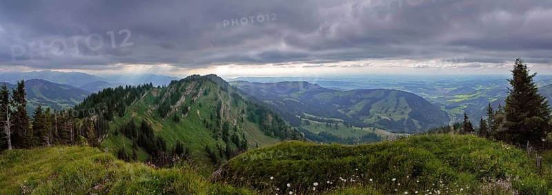 Panoramic view from the Seelekopf to the Alpine foothills, Nagelfluhkette, Allgäu