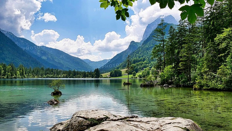 At the beautiful, idyllic Hintersee near Ramsau with a view of the Reiteralpe