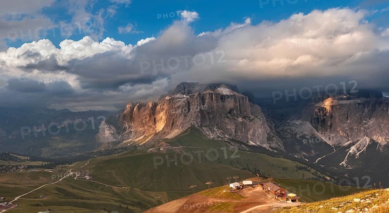 Panoramic view of Sella group mountain, Val di Fassa, Italian Dolomites