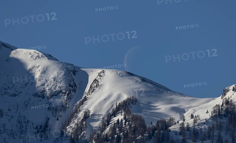Mountain panorama, snow, crescent moon, Pinzgau
