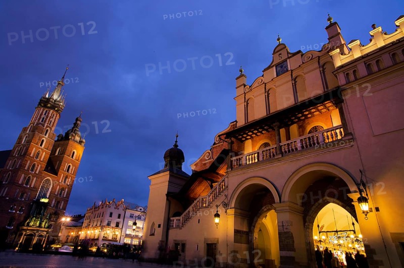 The city of Krakow in Poland. Market square with (from left to right) St Mary's Cathedral, Tuchlauben Austria
