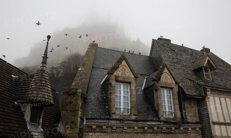Mont-Saint-Michel, monastery hill, Grand Rue, roofscape above the abbey in the mist