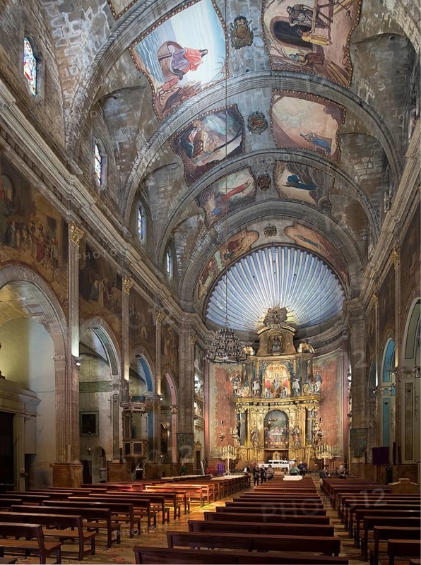 Majorca, Pollenca, Esglesia Nostra Senyora dels Angels, view of the altar, ceiling paintings by Eugen Mosgraber, Atilio Boveri and Joaquin Tudela (20th century), Baroque altar from 1754