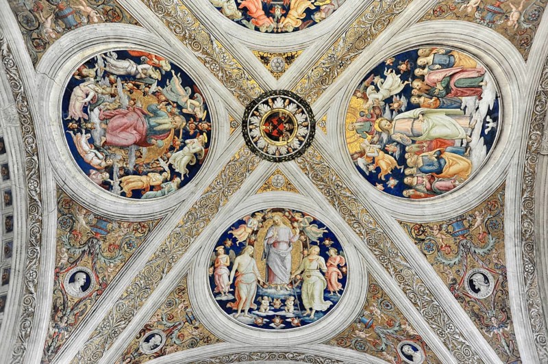 Vatican Museums, Vatican City, Vatican, Rome, Lazio, Italy, Detailed ceiling fresco with angels and saints in an ornate pattern, Vatican, Rome, Lazio, Italy