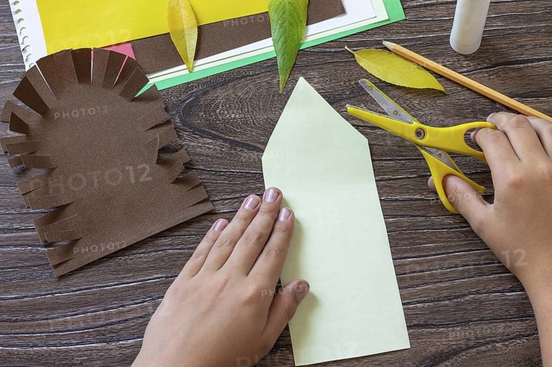 Instruction step 4. Postcard hedgehog with an apple on a wooden table. Handmade. Project of children's creativity, handicrafts, crafts for kids