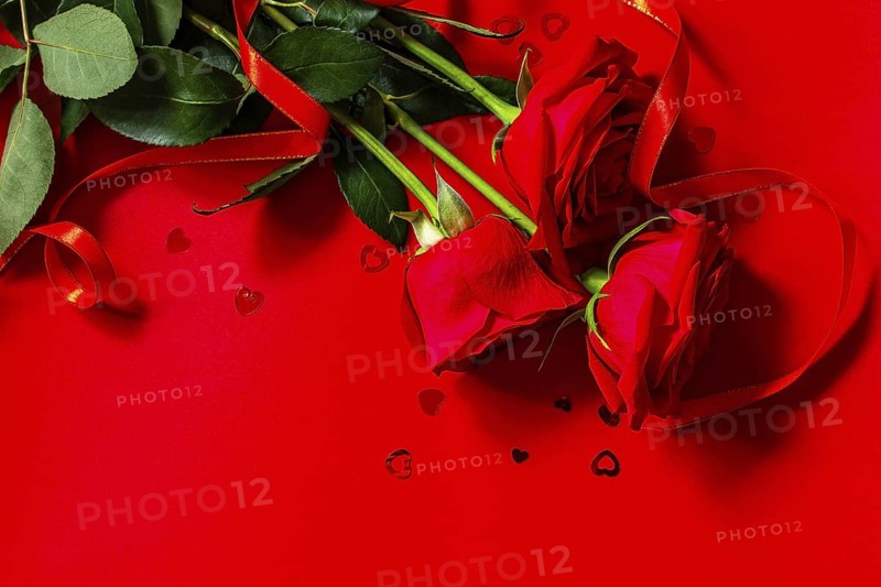 Red roses and heart shaped decor on a red background. Copy space for your design or message