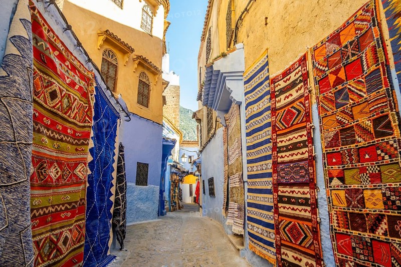 Rugs on Street of Chefchaouen, Morocco