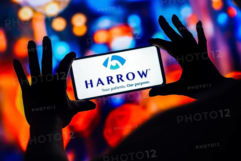 In this photo illustration, the Harrow Health logo is displayed on a smartphone mobile