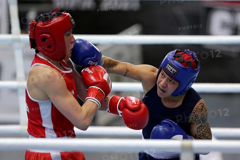 Sofia, Bulgaria. 27th February, 2021. Mira Potkonen (red) of Finland and Beatriz Ferreira of Brazil fight in their final round of Light Welter (W60kg) category of the 72-nd International Boxing Tournament Strandja 2021, Sofia, Bulgaria