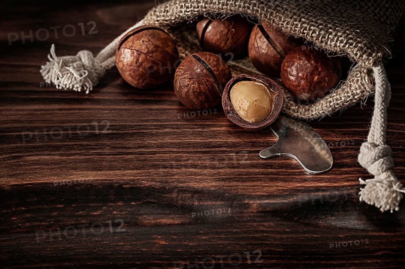 Macadamia Nuts In Burlap Bag