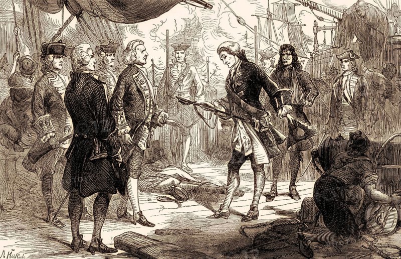 Chevalier de Saint-George of Invincible surrenders his sword to Admiral Anson after the First Battle of Cape Finisterre on14 May 1747, From British Battles on Land and Sea, by James Grant