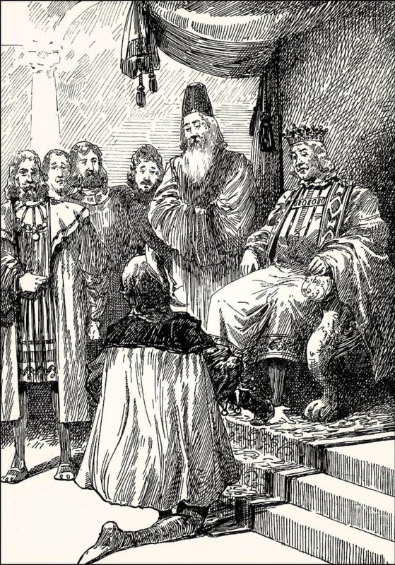 Mephistopheles playing the role of a fool, emperor at the throne, Faust II, first act, by Johann Wolfgang von Goethe