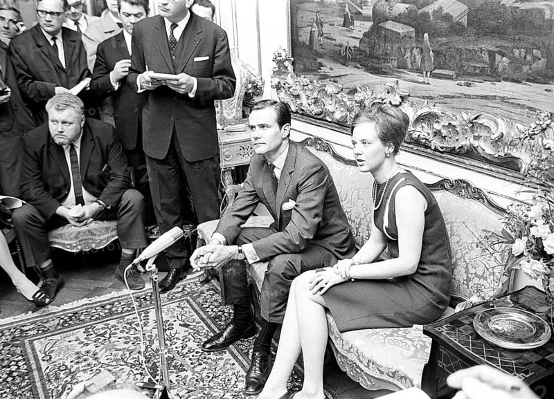 Margrethe II of Denmark. Pictured with Henri de Laborde de Monpezat at Fredensborg palace in Copenhagen in the spring of 1967, where the couple announces their marriage to come on june 10 1967. At this time Margrethe was crownprincess and heir to the throne, she became Queen of Denmark 15 january 1972