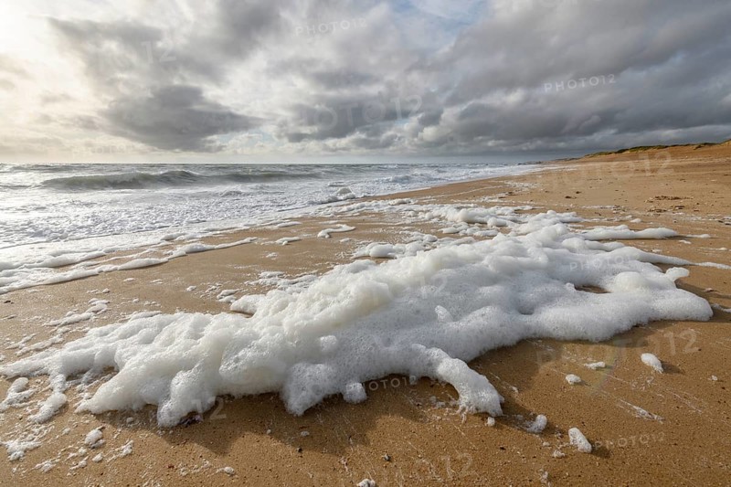 Windswept sea foam on a beach in the Atlantic Ocean near Olonne sur mer in France