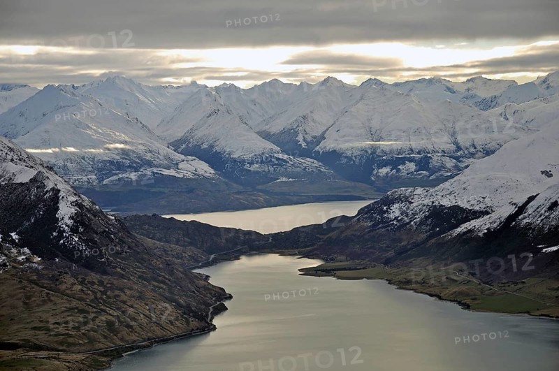 Narrow neck of land separating Lakes Wanaka (at back) and Hawea, Otago, New Zealand