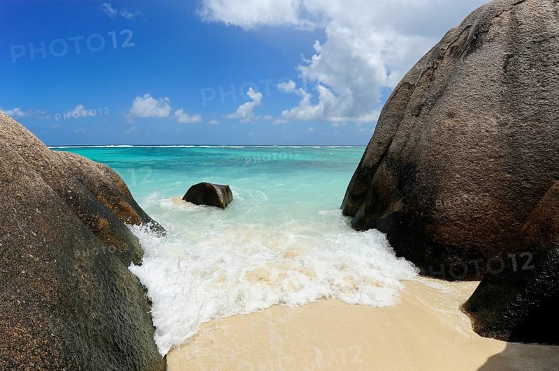 Granite rocks washed out on Anse Source d'Argent beach, Union Estate National Park, La Digue Island, the Seychelles, Indian Ocean