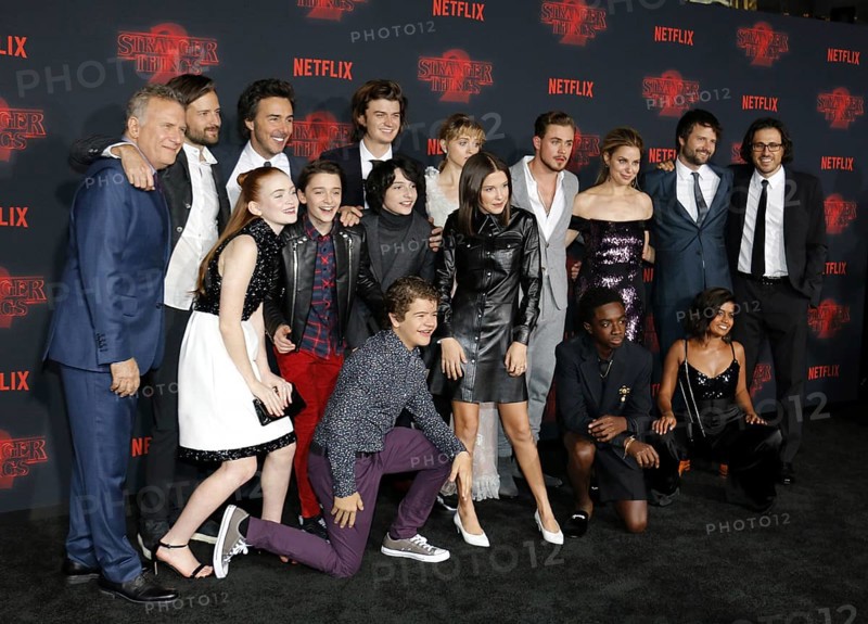 Sadie Sink, Gaten Matarazzo, Millie Bobby Brown, Noah Schnapp, Finn Wolfhard, Joe Keery, Natalia Dyer, Caleb McLaughlin, Dacre Montgomery, Cara Buono and Linnea Berthelsen at the Netflix's season 2 premiere of 'Stranger Things' held at the Regency Village Theatre in Westwood, USA on October 26, 2017