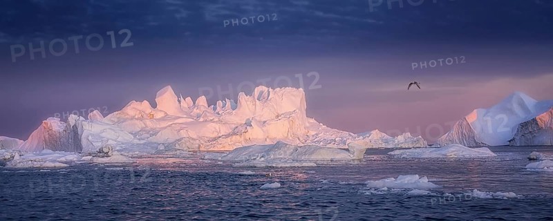 Floating glaciers in the rays of the setting sun at polar night