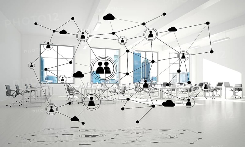 Lines connected with dots as social communication concept in office interior. 3D rendering
