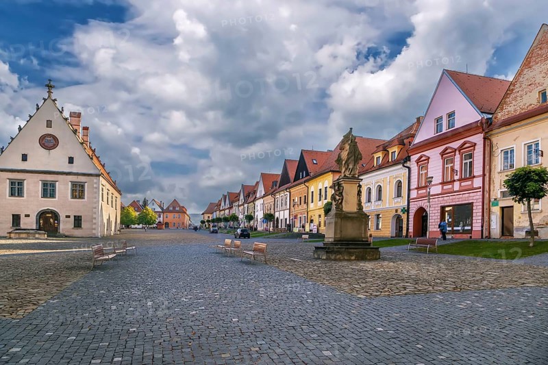 Central square surrounded by well-preserved Gothic and Renaissance houses in Bardejov, Slovakia