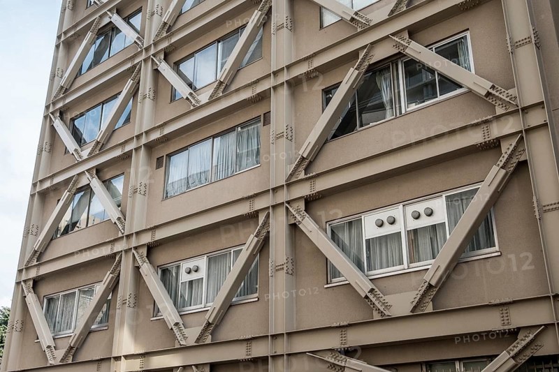 Building with visible steel reinforcement for earthquake resistance
