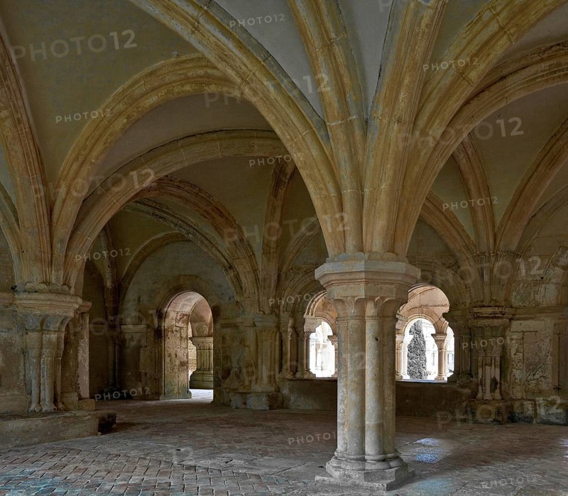 Fontenay former Cistercian monastery chapter house interior with view of the cloister, St., Saint, Saint