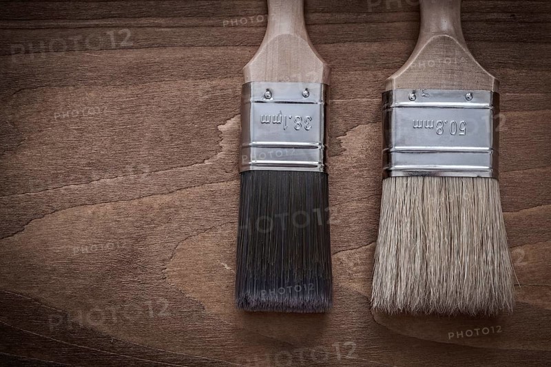 Two paintbrushes with wood handles and bristle horizontal version
