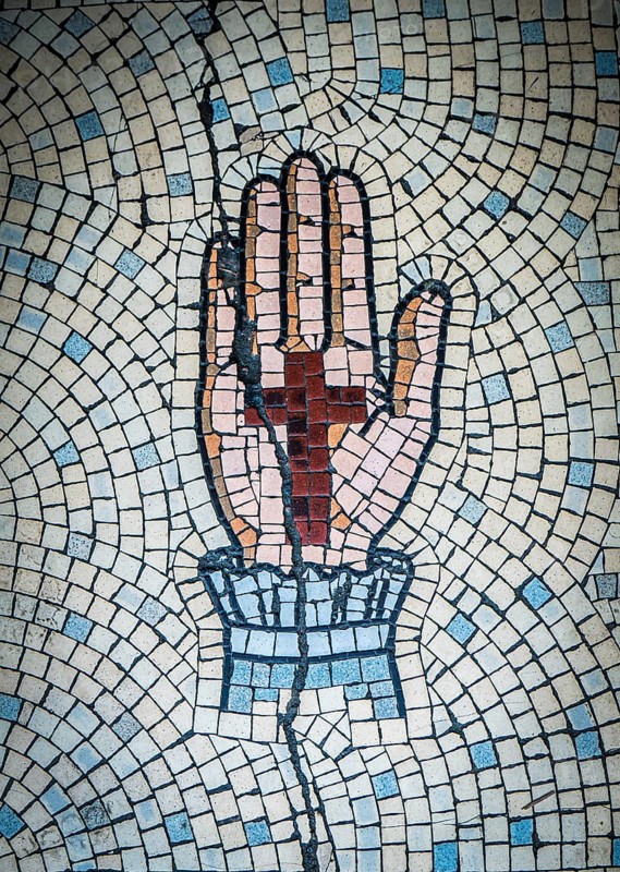 Ancient Mosaic Tiles Of Hand And Crucifix In Crossmyloof Glasgow, Scotland, Uk