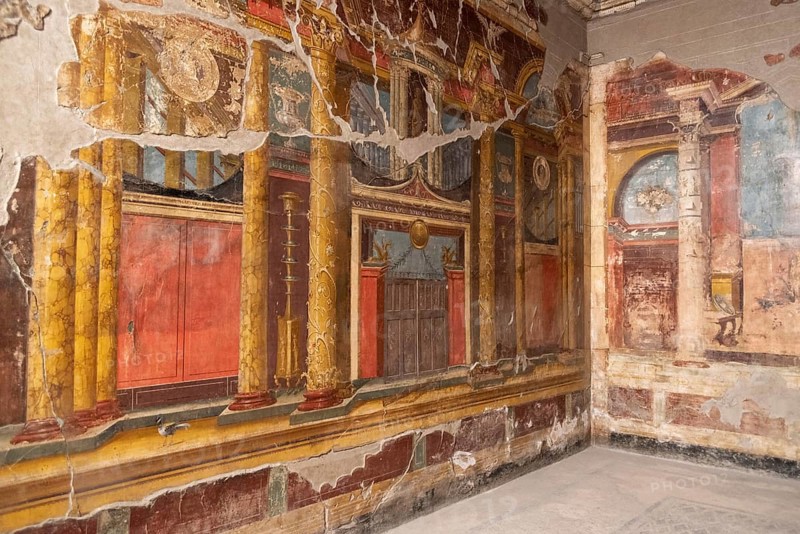 OPLONTIS, ITALY, MAY 03, 2022, Scenic frescos on the wall of famous Villa Oplontis, ancient Roman villa and world heritage sight, Southern Italy