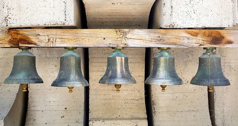 Many old bells - campanes are seen in a row