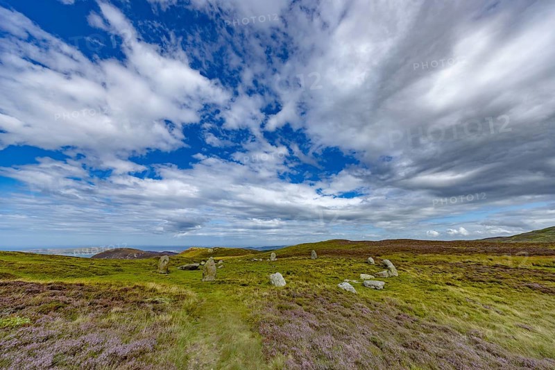Druids Circle, stone circle in wide landscape with pastures in the mountains, Penmaenmawr, Dwygyfylchi, Caernarfonshire, Conwy County Borough, Wales, Great Britain