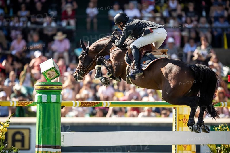 Harrie Smolders of The Netherlands and riding Uricas V/D Kattevennen compete in the first round of the 1.60m CPKC International during the Spruce Meadows Masters, presented by Rolex, in Calgary, Alberta, Canada, North America